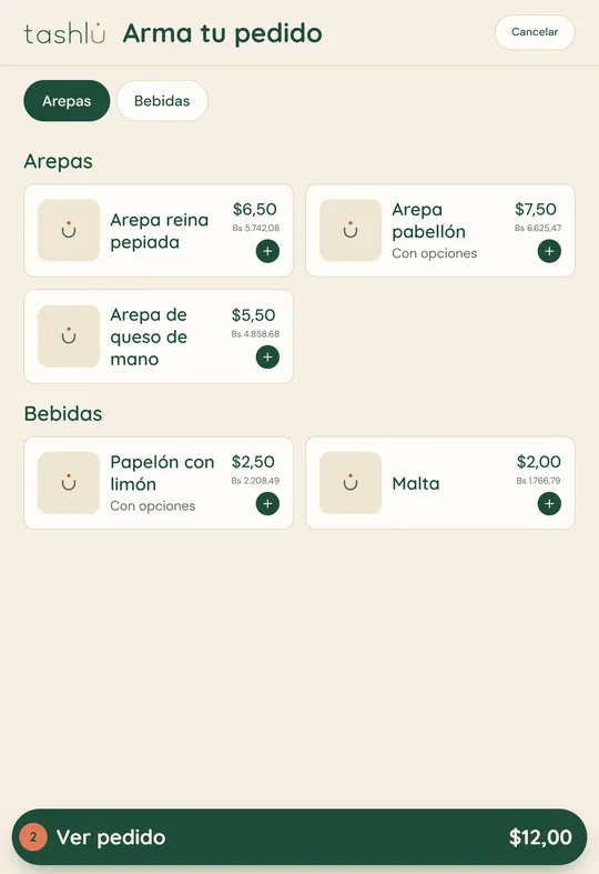 Menú en una máquina de autopago, con platos, precios en dólares y bolívares y el pedido de dos platos listo para ver