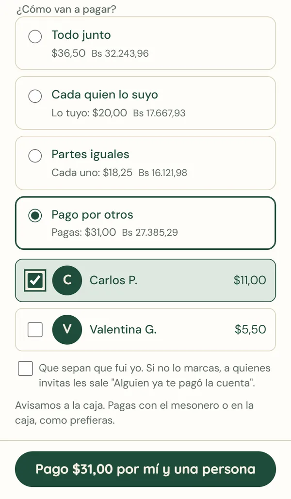 Cuenta de la mesa con opciones para pagar todo junto, cada quien lo suyo, partes iguales o pagar por otros